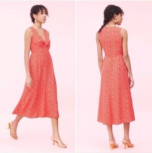 Rebecca Taylor Malia Silk Ditsy Floral Twist Front Smocked Sleeveless Midi Dress